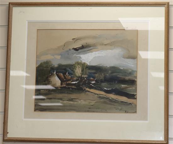 English School, ink and watercolour, farm in a landscape, indistinctly signed, 37 x 45cm